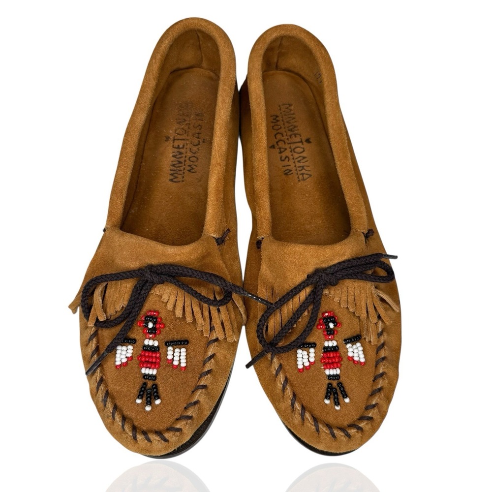 Minnetonka Thunderbird Animikii Moccasins Womens Size 10 Beaded Fringe Slip On